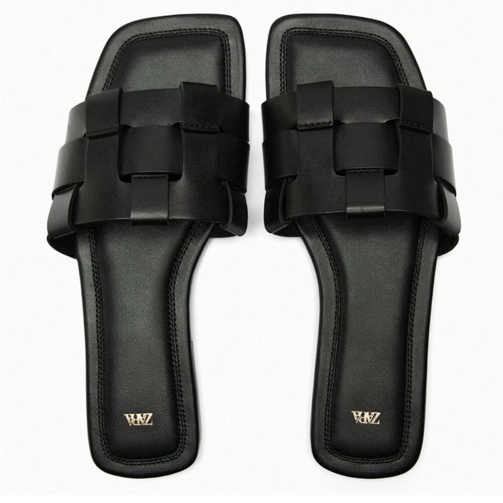 Zara Black Flat Leather Sandals Slippers